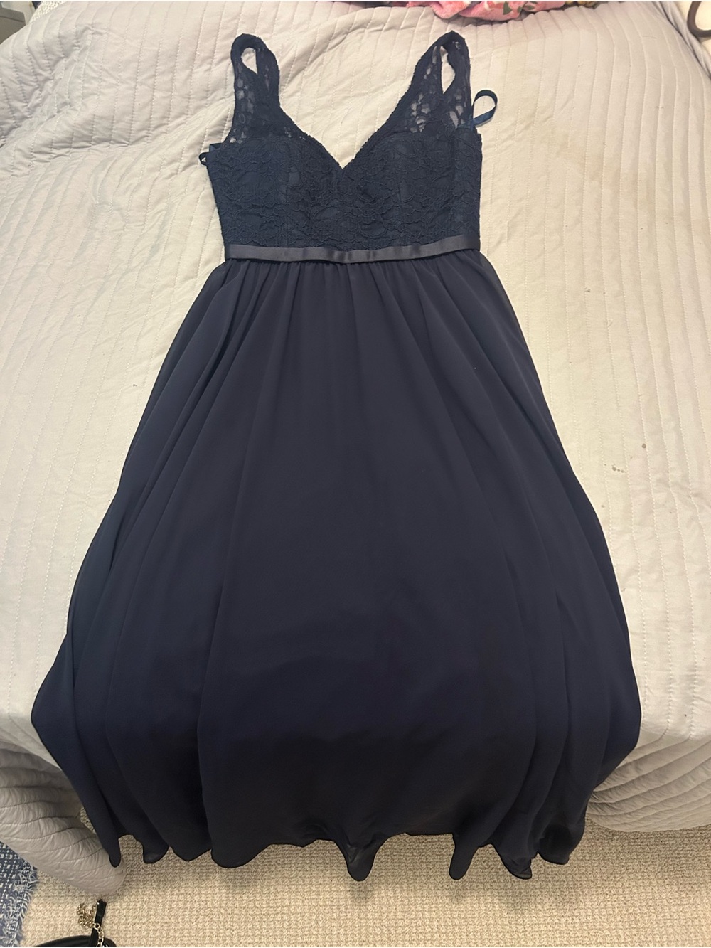 Navy Lace Bodice bridesmaid Dress